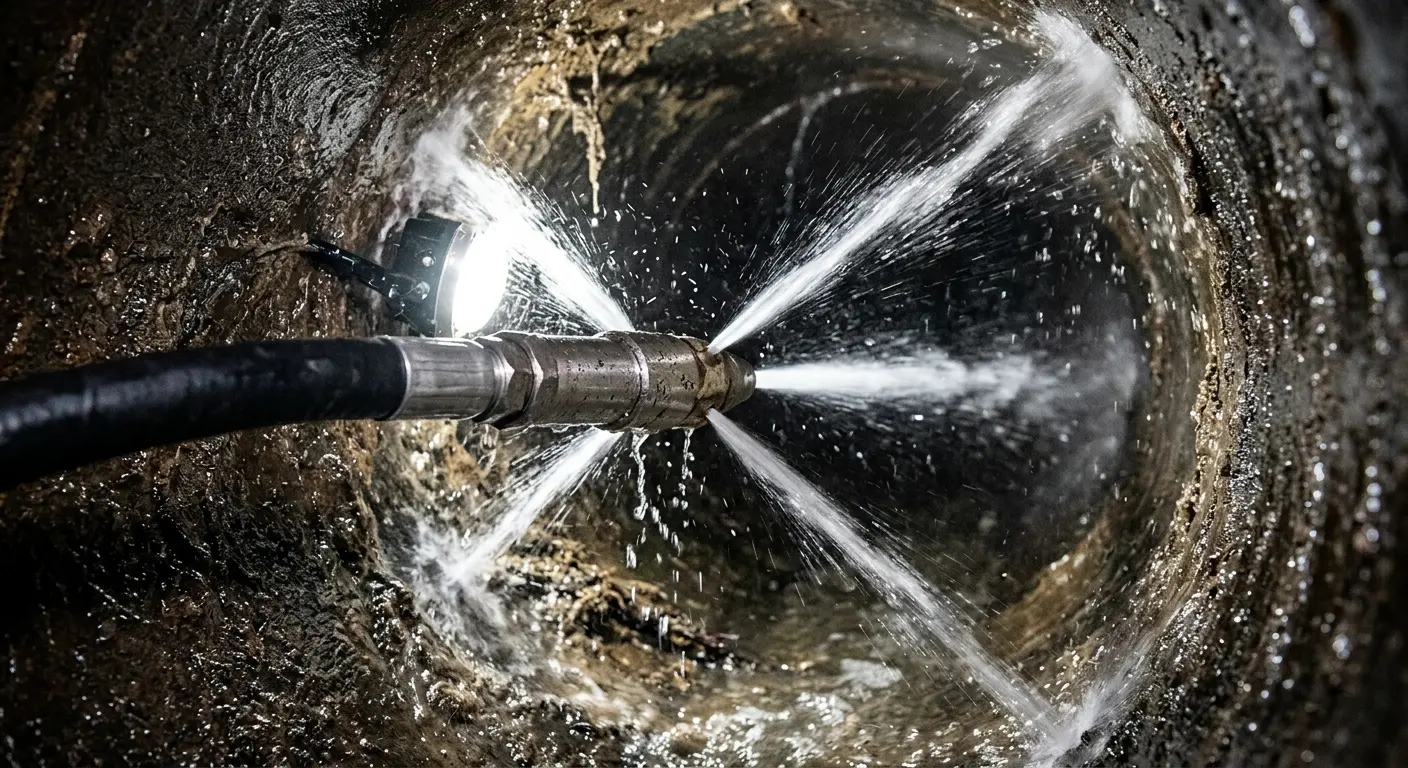 High-pressure hydro jetting nozzle cleaning sewer pipe for Trenchless Sewer Repair in Toms River