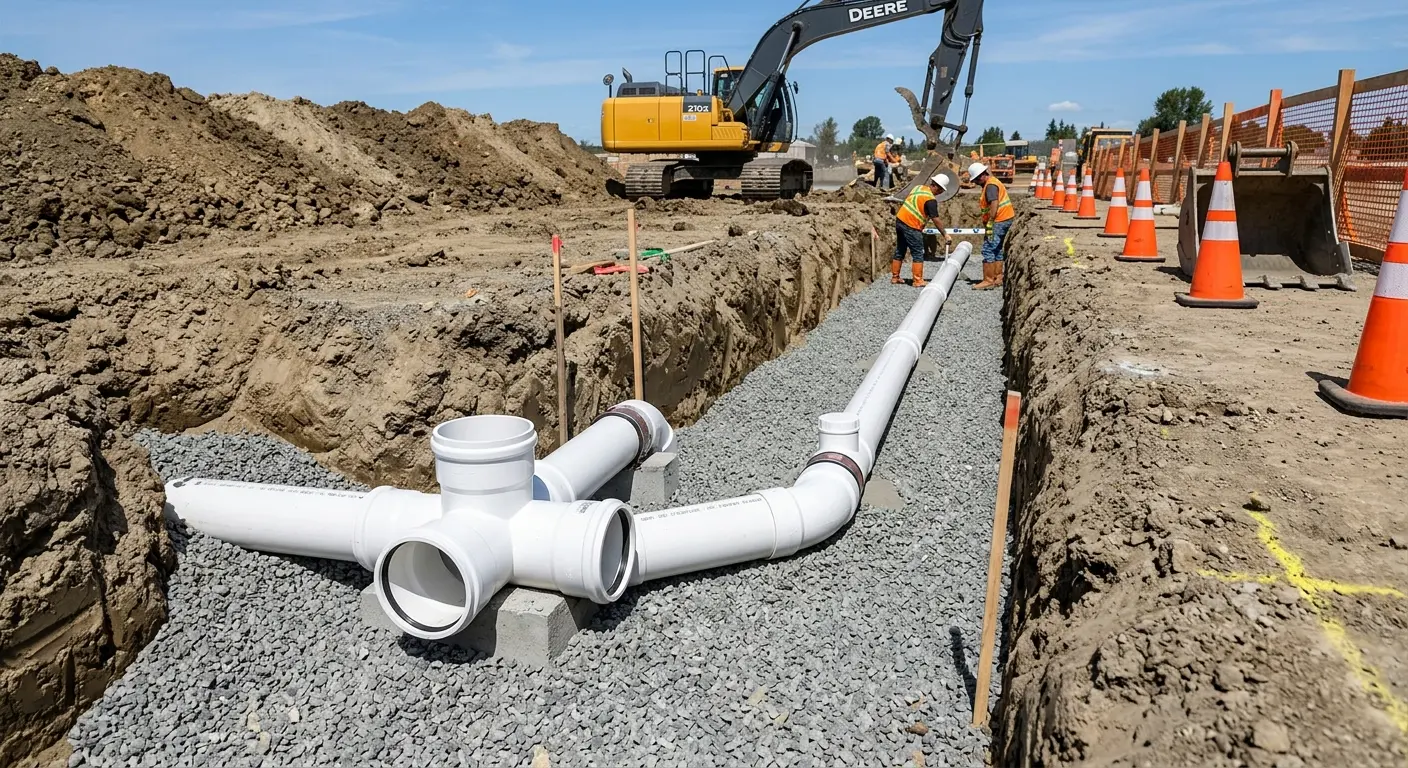 New PVC sewer pipe installation in open trench for Sewer Backup in Toms River