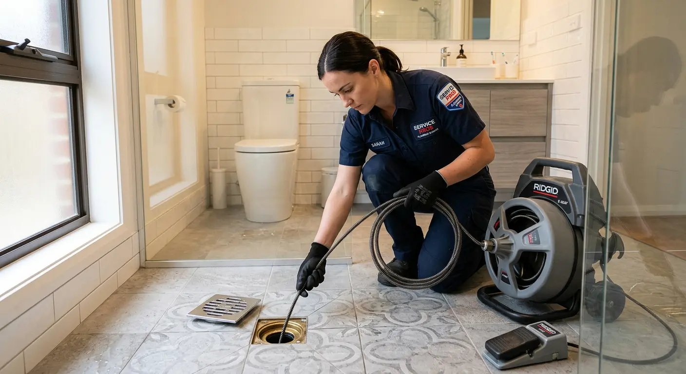 Technician clearing a bathroom floor drain for Hydro Jetting in Toms River